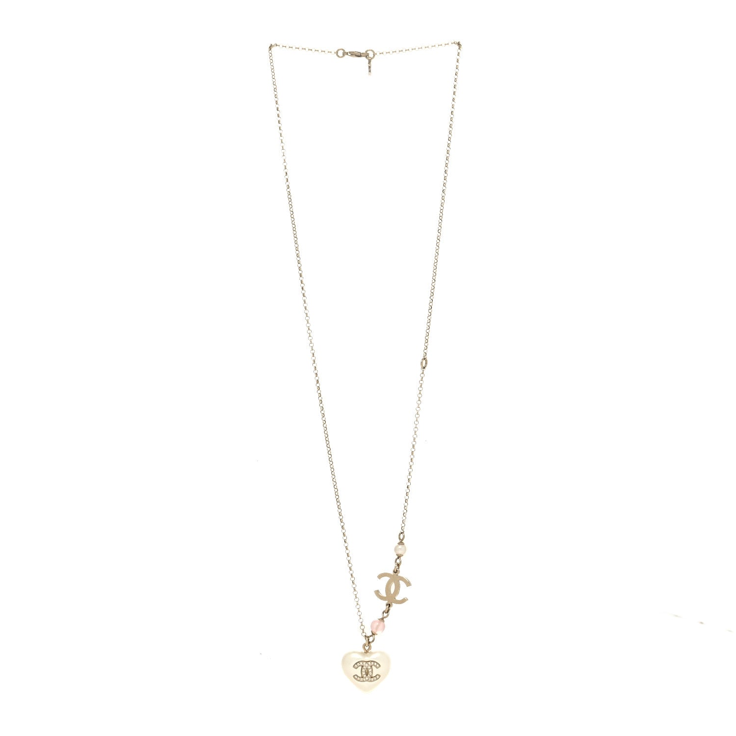 Chanel Resin Crystal CC Heart Necklace Pearly White Gold 3 of 5