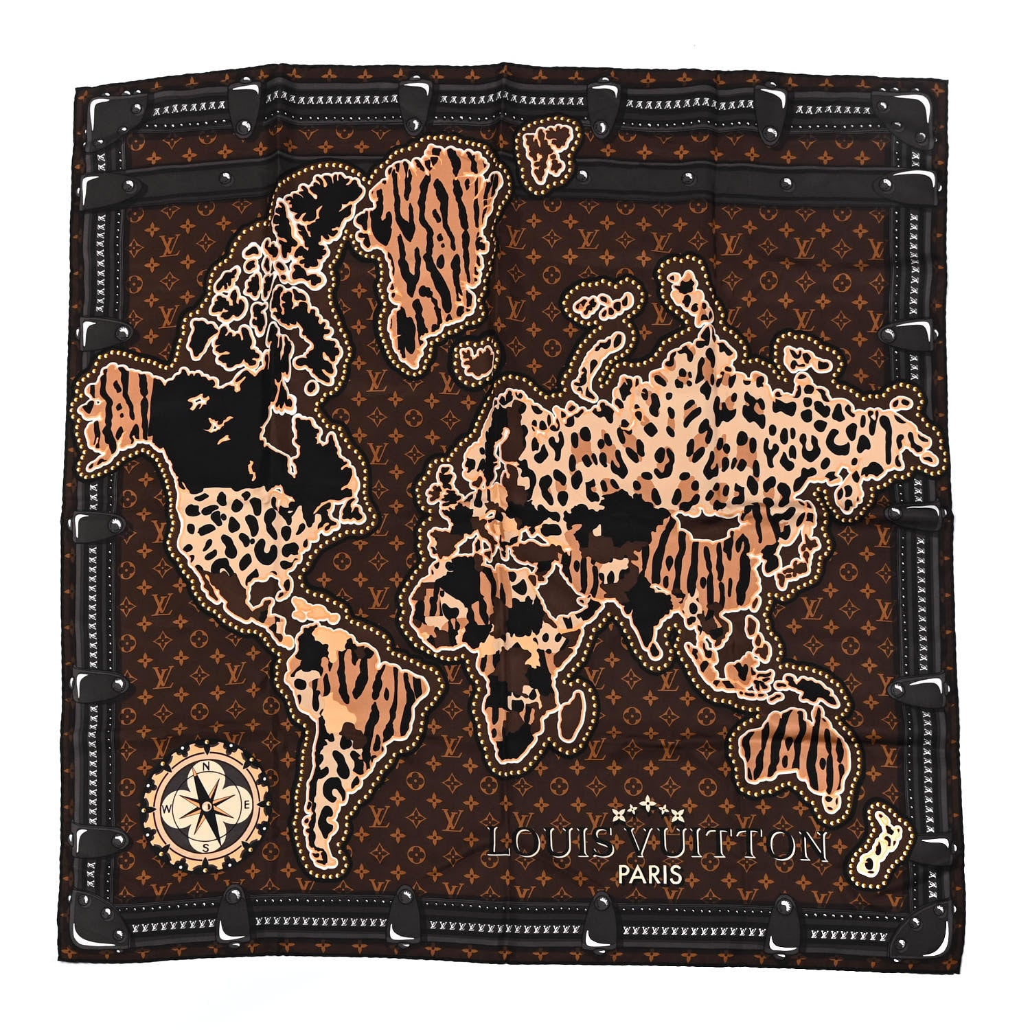 Louis Vuitton Silk Monogram LV World Square Scarf Brown 1 of 3