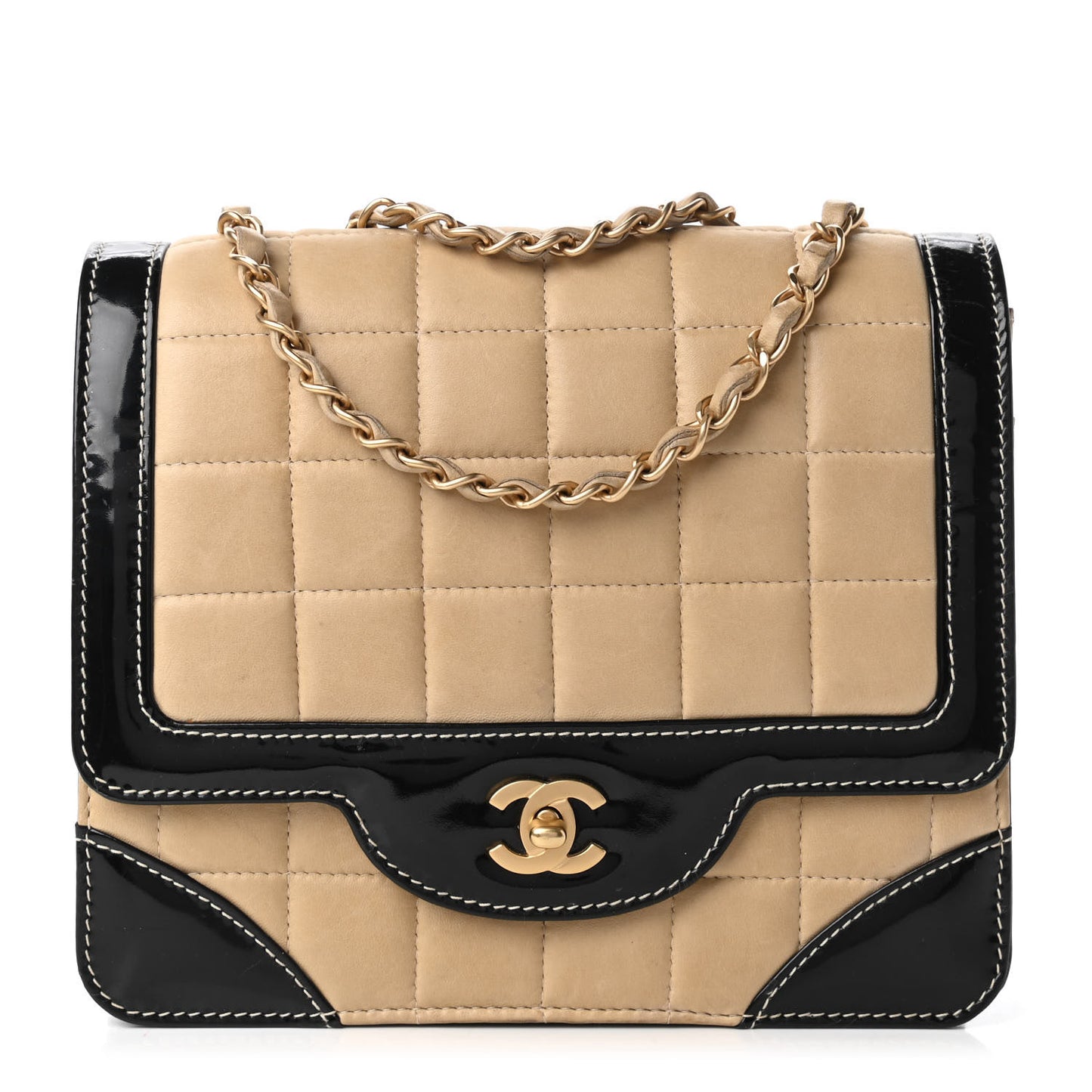 Lambskin Patent Chocolate Bar Flap Beige Black
