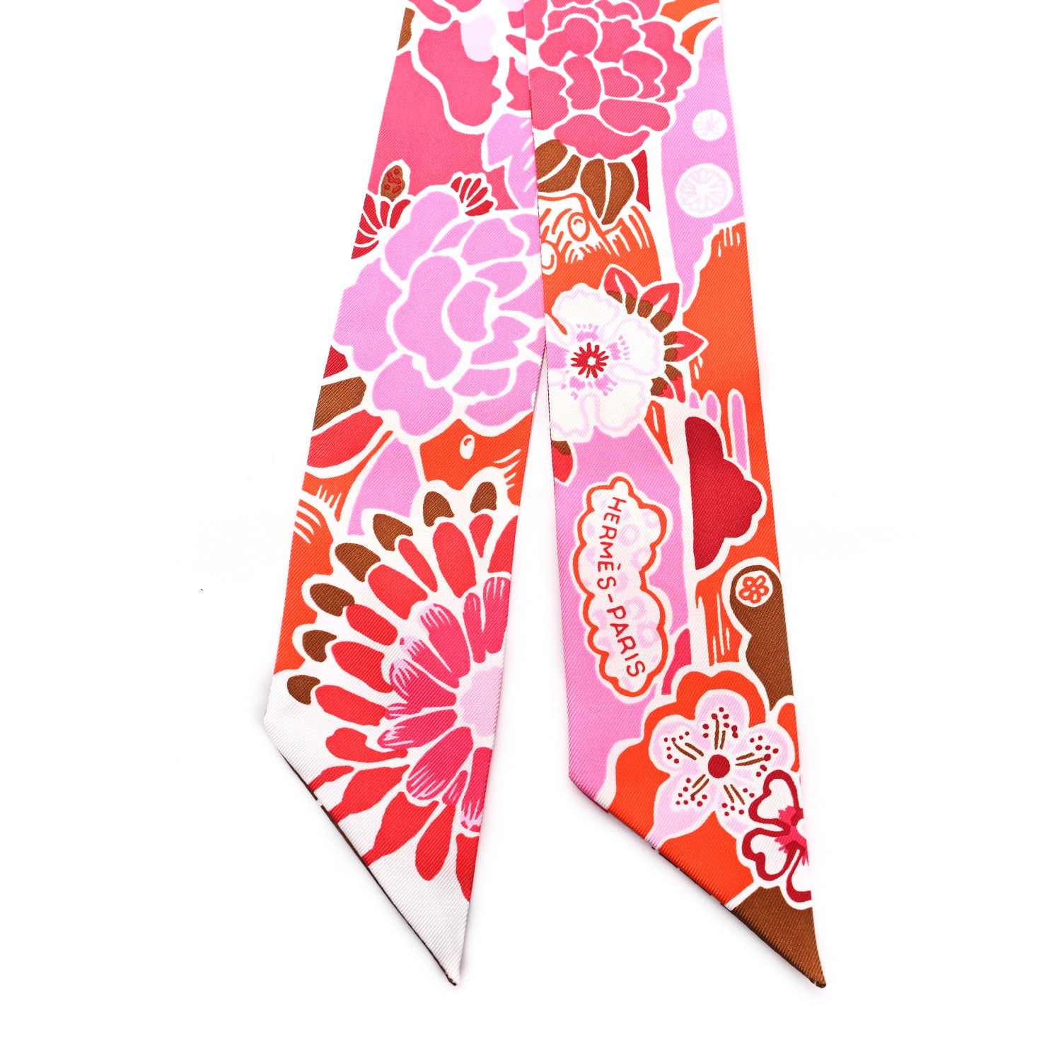 Hermes Silk Bingata Twilly Fuchsia Corail Brun 2 of 3