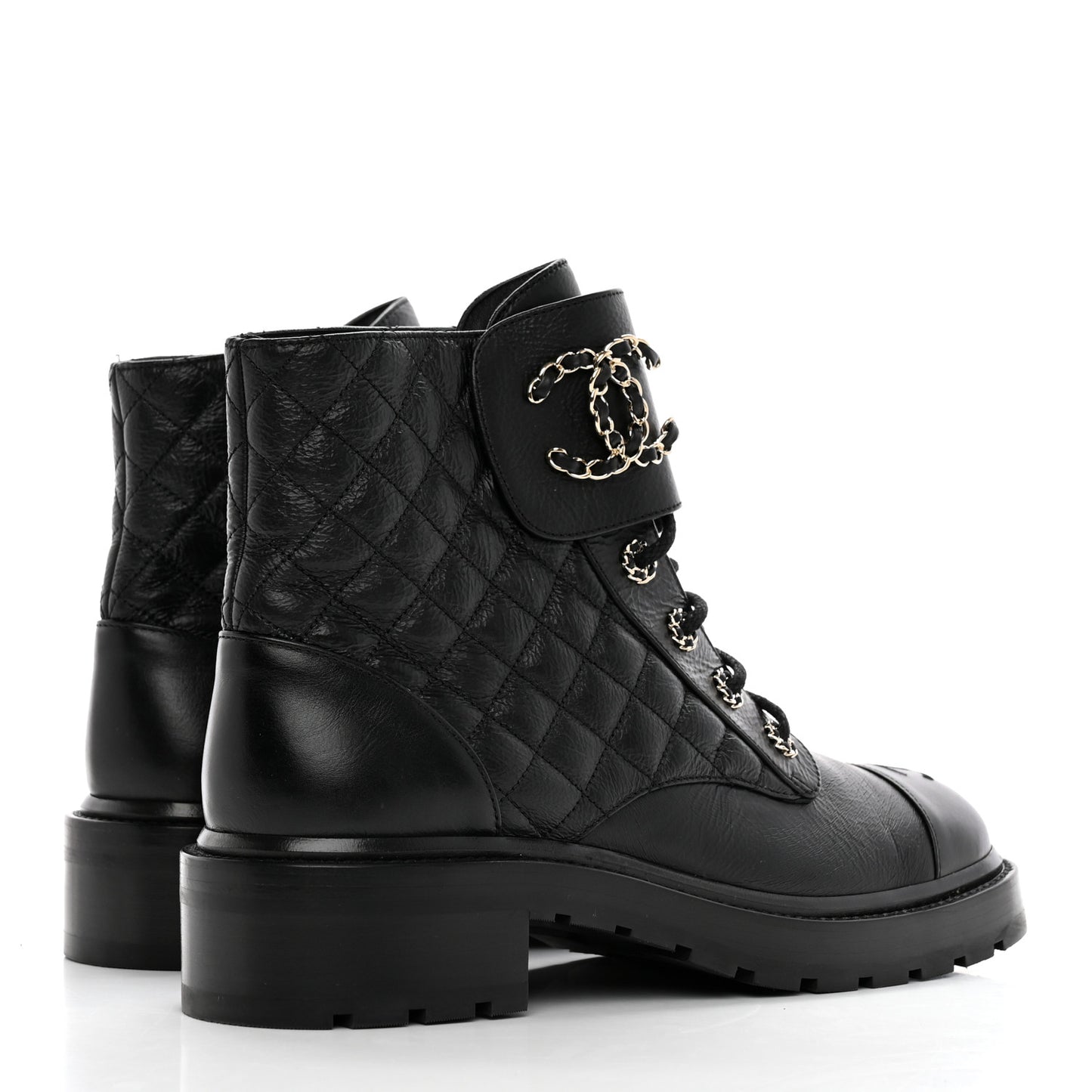 Shiny Lambskin Quilted Lace Up Combat Boots 42 Black