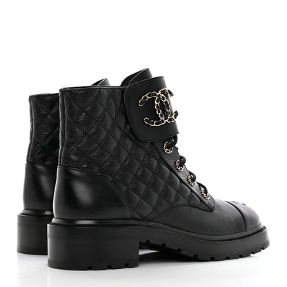 Chanel Shiny Lambskin Quilted Lace Up Combat Boots 42 Black 4 of 14
