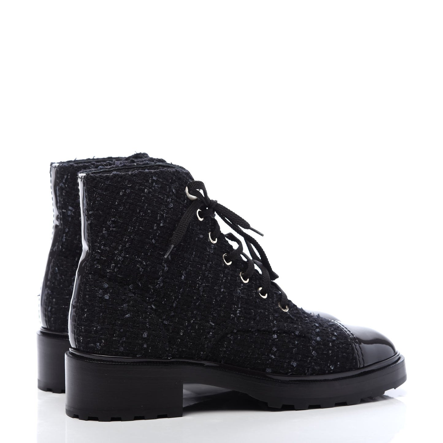 Tweed Patent Calfskin Pearl Combat Short Boots 40 Black Grey Blue