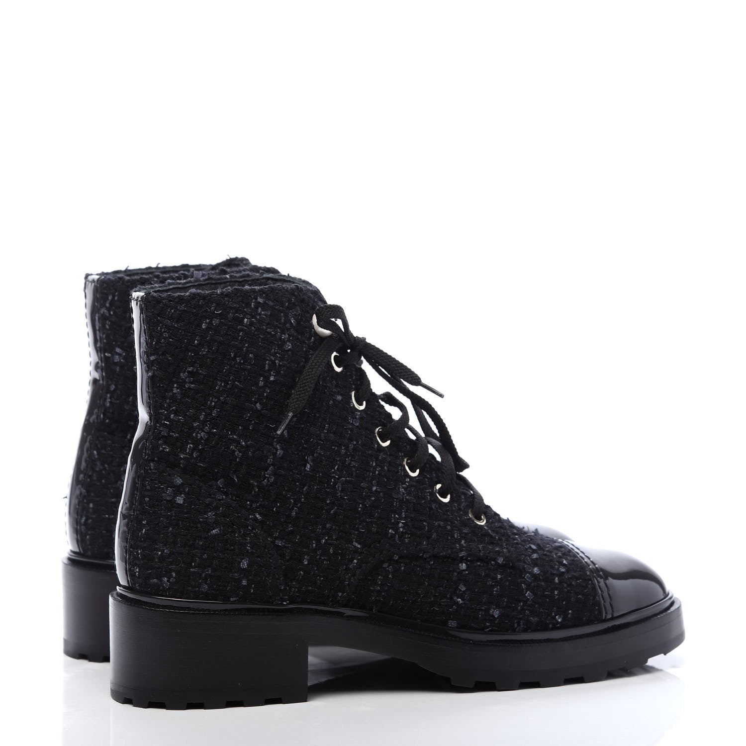 Chanel Tweed Patent Calfskin Pearl Combat Short Boots 40 Black Grey Blue 4 of 9
