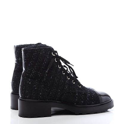 Chanel Tweed Patent Calfskin Pearl Combat Short Boots 40 Black Grey Blue 4 of 9