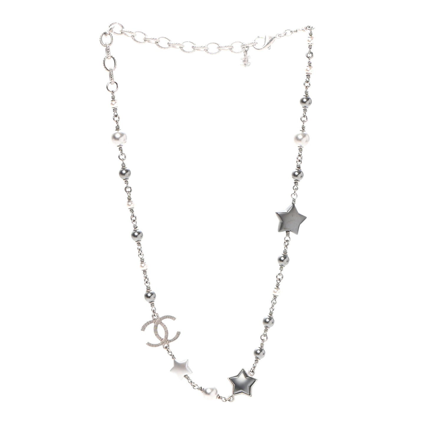 Metal Resin Pearl Star CC Necklace Silver