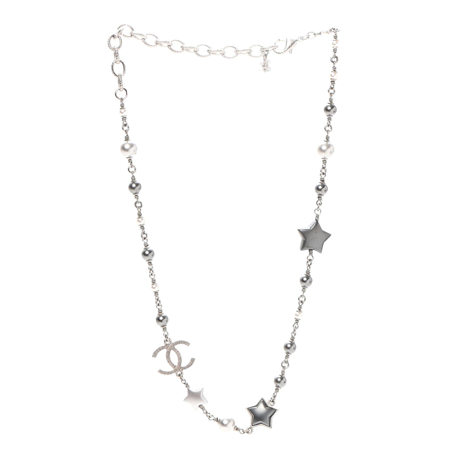 Chanel Metal Resin Pearl Star CC Necklace Silver 3 of 5