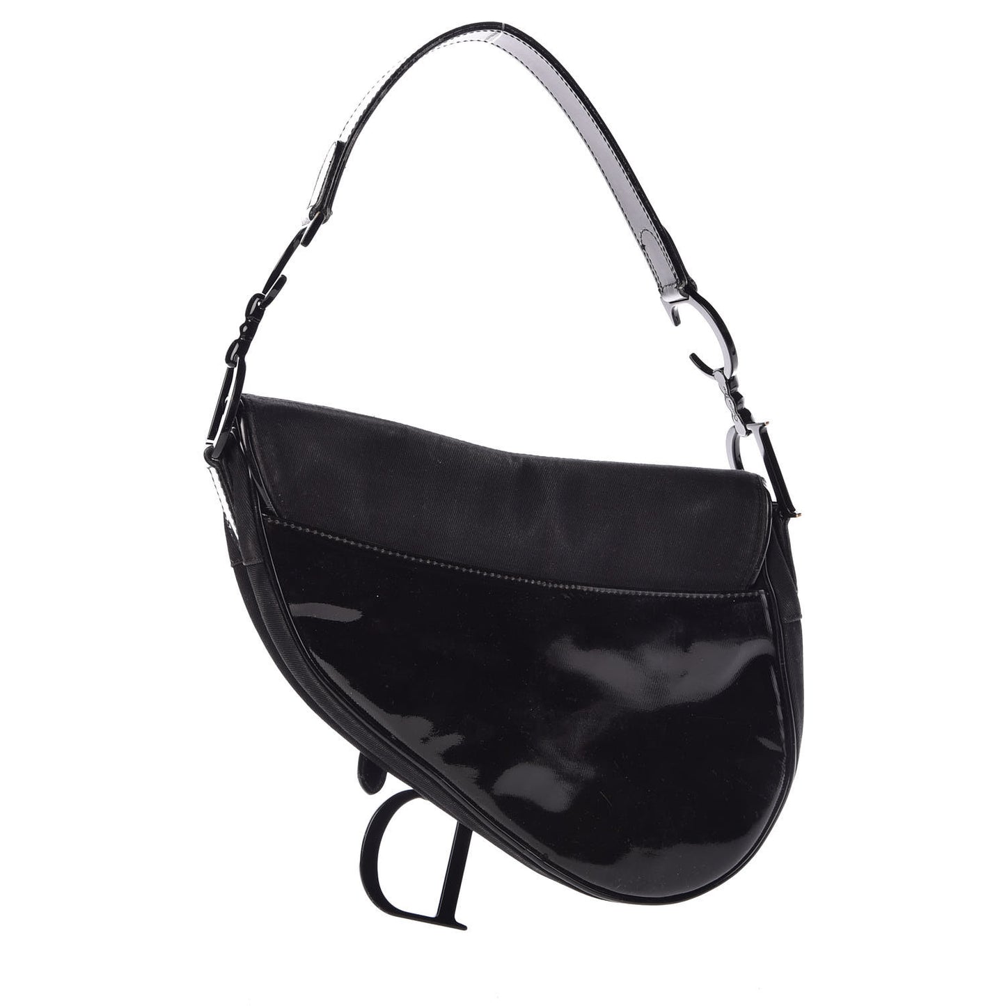 Canvas Patent Calfskin Saddle Bag Black