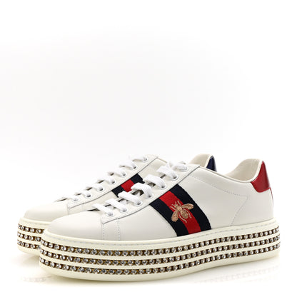 Gucci Calfskin Crystal Web Bee Embroidered Womens Ace Platform Sneakers 37.5 White 4 of 9