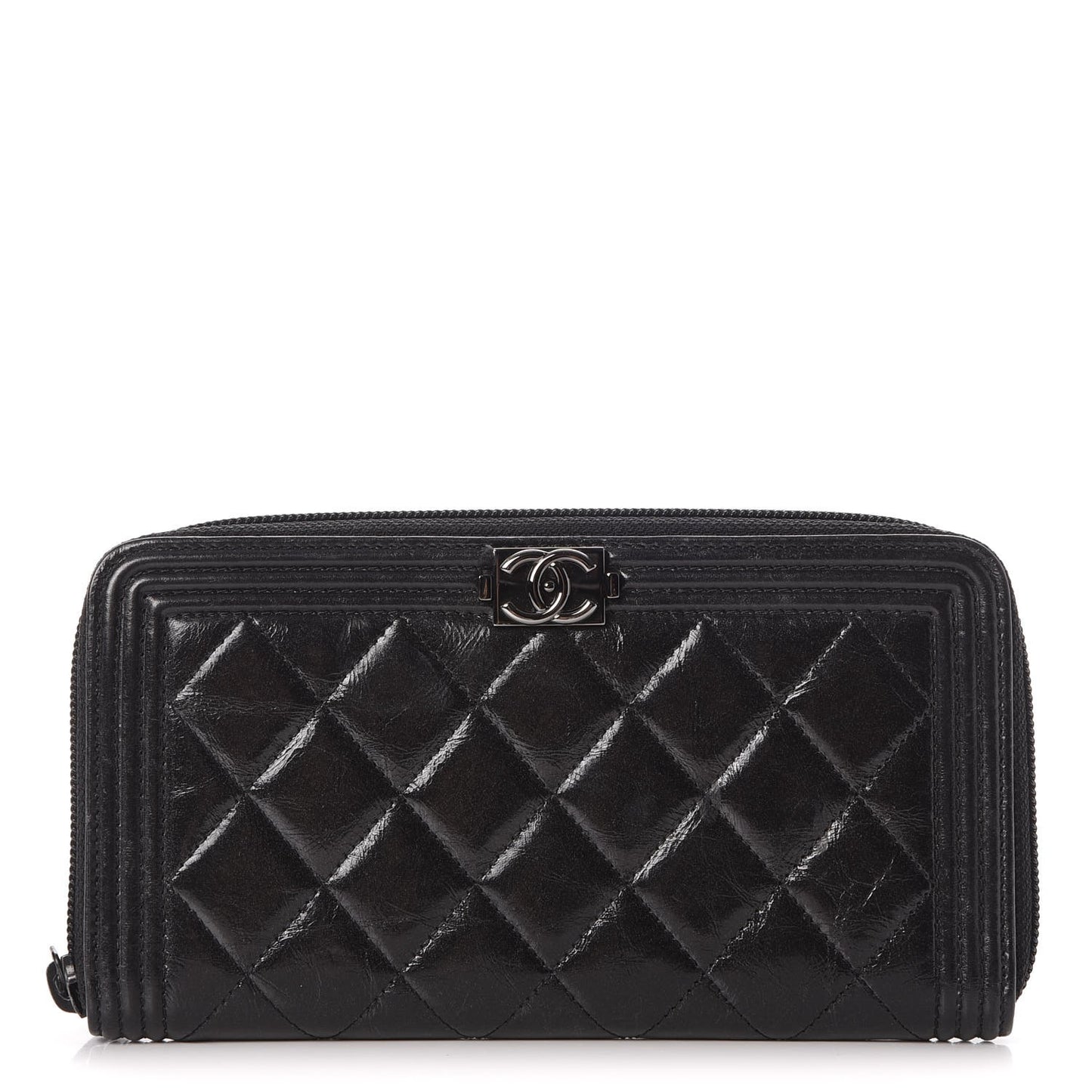 Distressed Patent Quilted Boy Zip Around Wallet Black