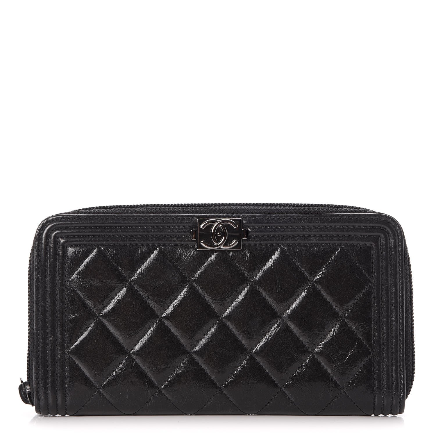Chanel Distressed Patent Quilted Boy Zip Around Wallet Black 1 of 10