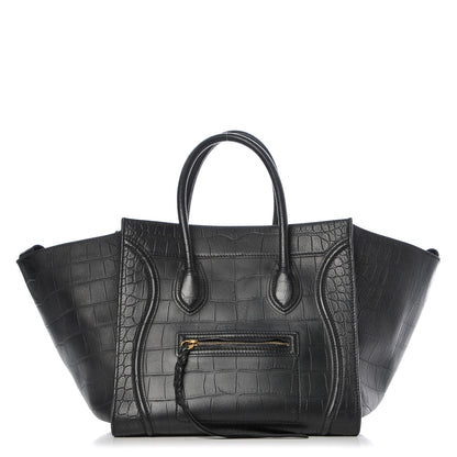 Celine Crocodile Embossed Calfskin Medium Phantom Luggage Black 1 of 10