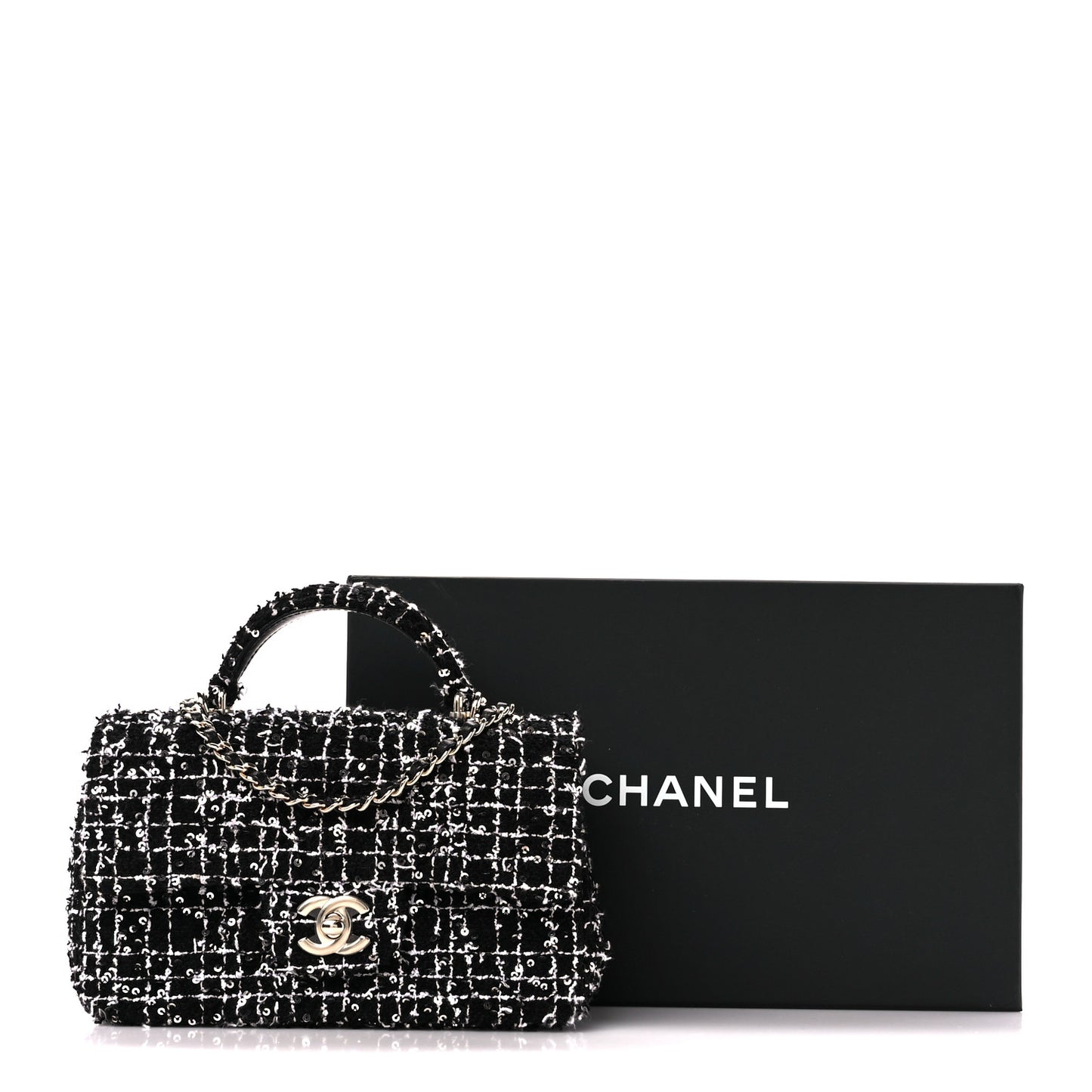 Tweed Quilted Mini Top Handle Rectangular Flap Black White