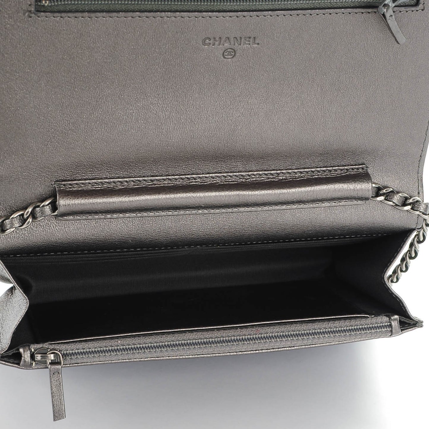 Metallic Calfskin Chevron Quilted Wallet On Chain WOC Dark Silver