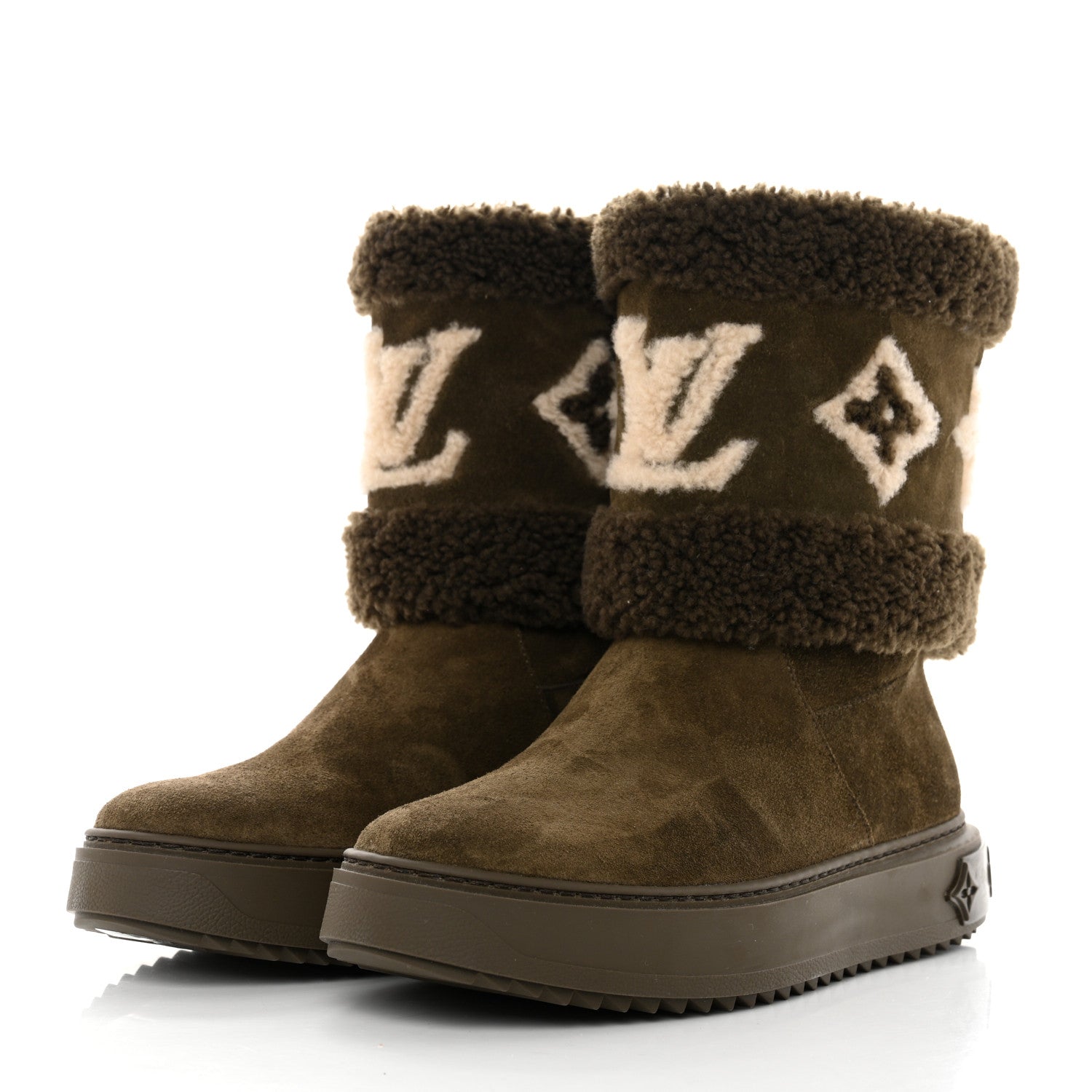 Louis Vuitton Suede Calfskin Shearling Snowdrop Flat Ankle Boot 38.5 Khaki 3 of 8