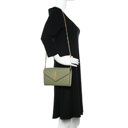 Saint Laurent Grain De Poudre Matelasse Chevron Monogram Chain Wallet Light Sage 2 of 10