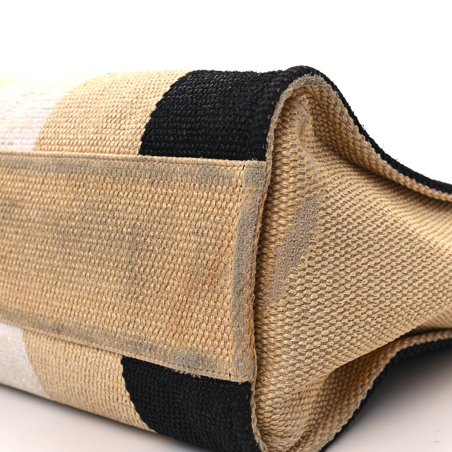 Straw Raffia Calfskin Striped Large Deauville Tote Black Beige Ivory