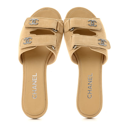 Chanel Suede Kidskin Velcro Mules 38 Beige 2 of 10