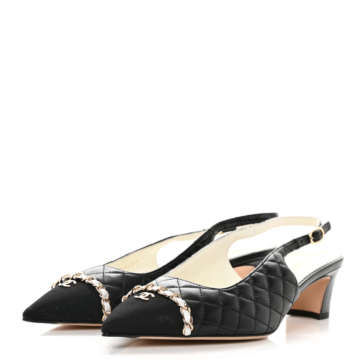 Lambskin Grosgrain Quilted Cap Toe CC Chain Slingback Pumps 40 Black
