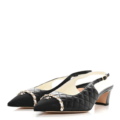 Chanel Lambskin Grosgrain Quilted Cap Toe CC Chain Slingback Pumps 40 Black 3 of 8