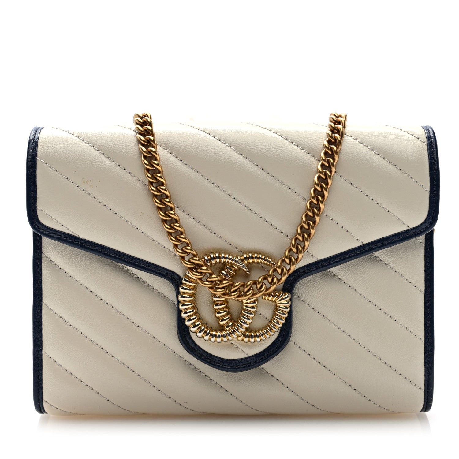 Gucci Vintage Effect Calfskin Matelasse Diagonal Torchon GG Marmont Chain Wallet Mystic White Blue Agata 1 of 9