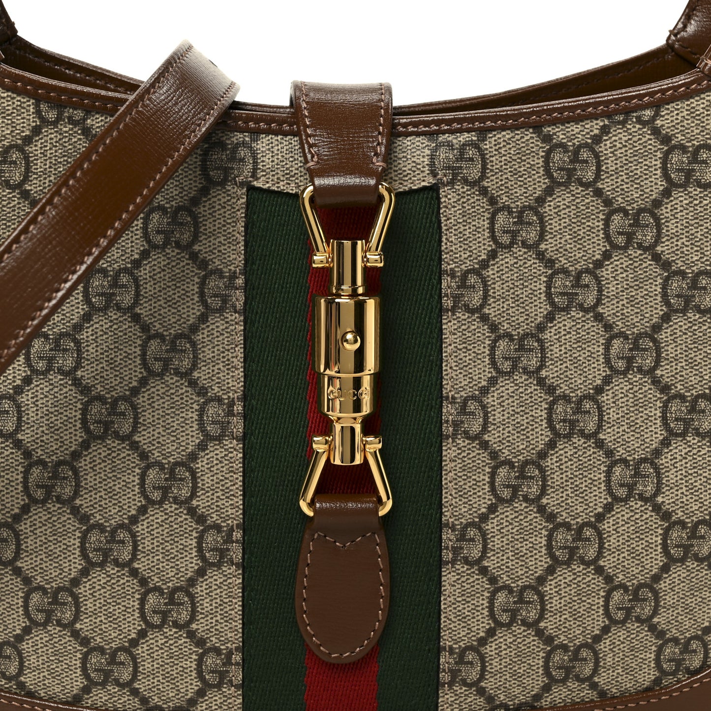 GG Supreme Monogram Azalea Calfskin Web Small Jackie 1961 Hobo Beige Ebony Brown Sugar