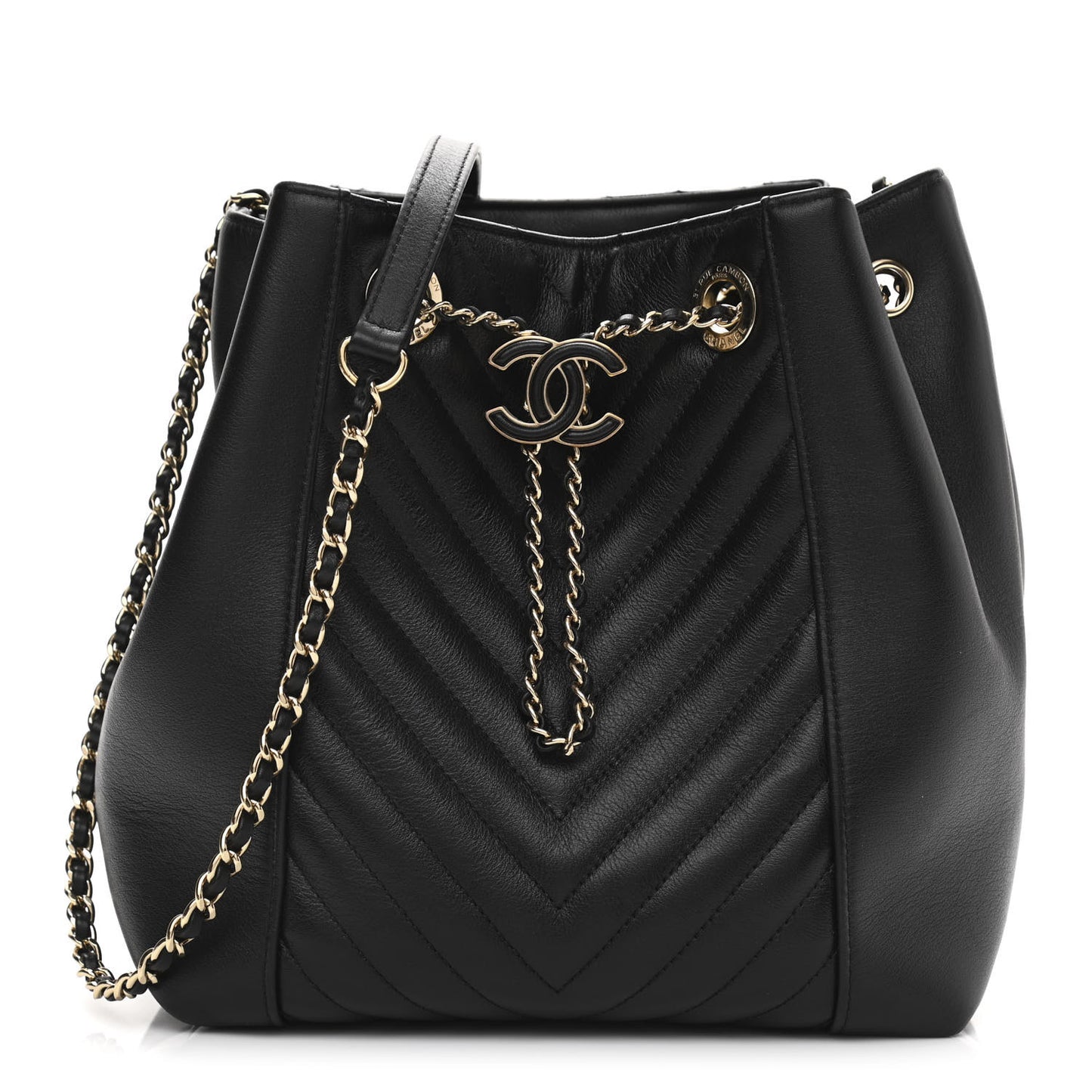 Calfskin Quilted Daily Chevron Drawstring Bag Black