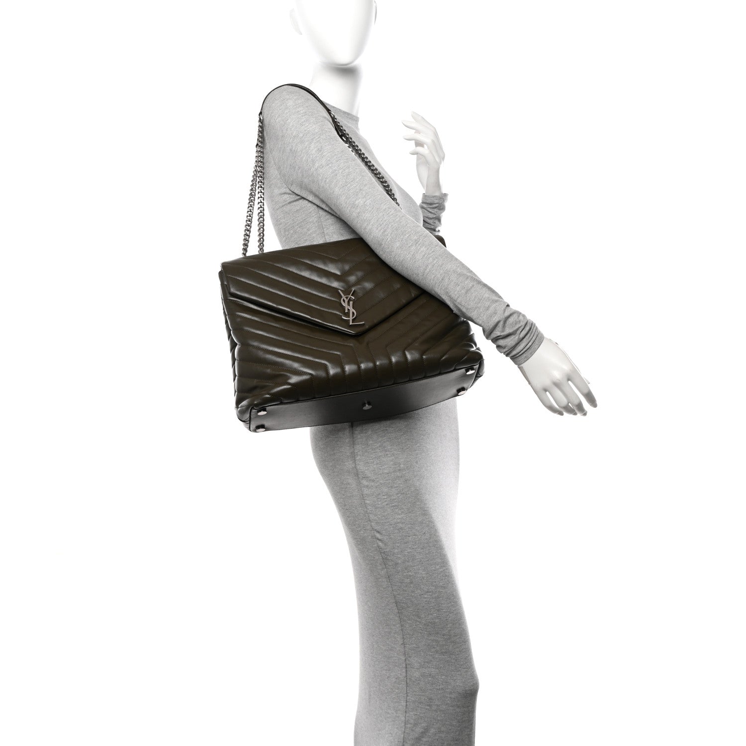 Saint Laurent Calfskin Y Quilted Monogram Large Loulou Chain Satchel Kaki Fonce 3 of 25