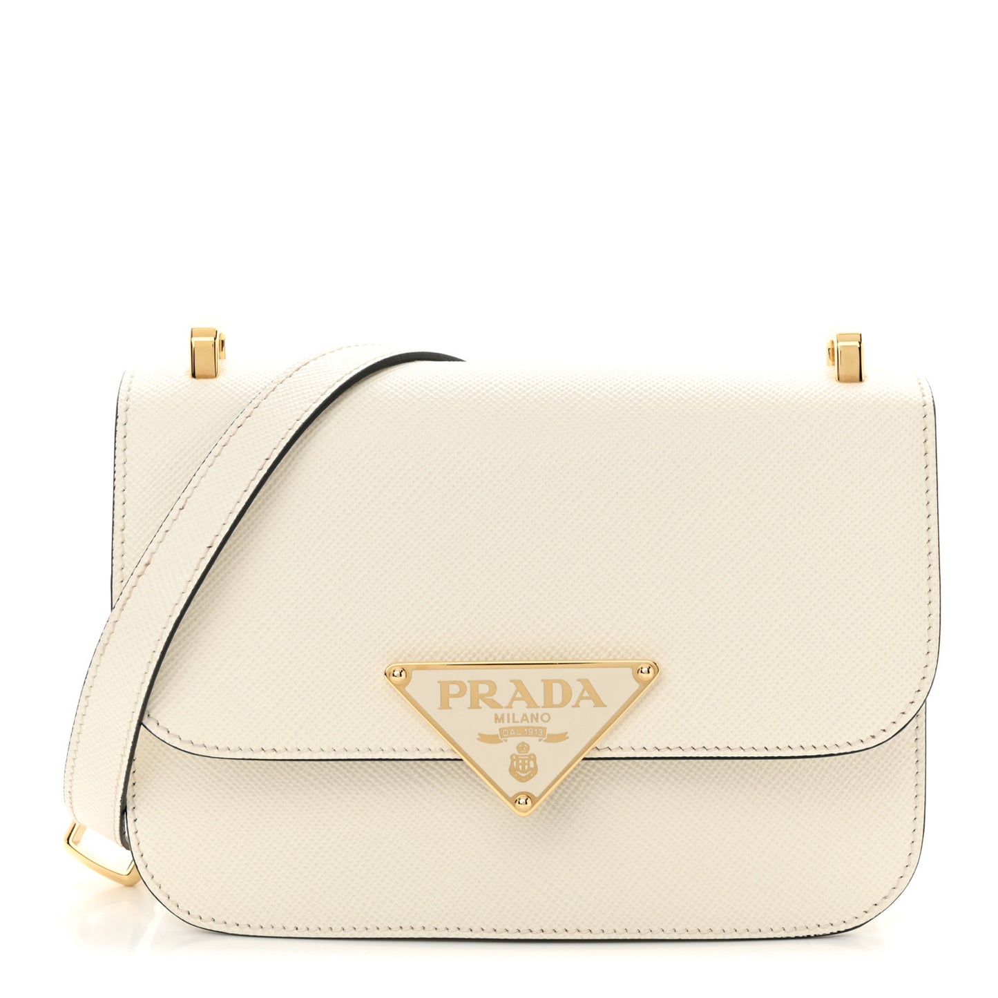 Saffiano Cuir Triangle Embleme Flap Shoulder Bag White