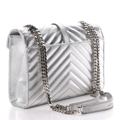 Saint Laurent Metallic Grain De Poudre Matelasse Medium Monogram Satchel Silver 3 of 19