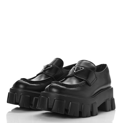 Prada Spazzolato Rois Metal Triangle Logo Monolith 55mm Loafers 37.5 Black 4 of 9