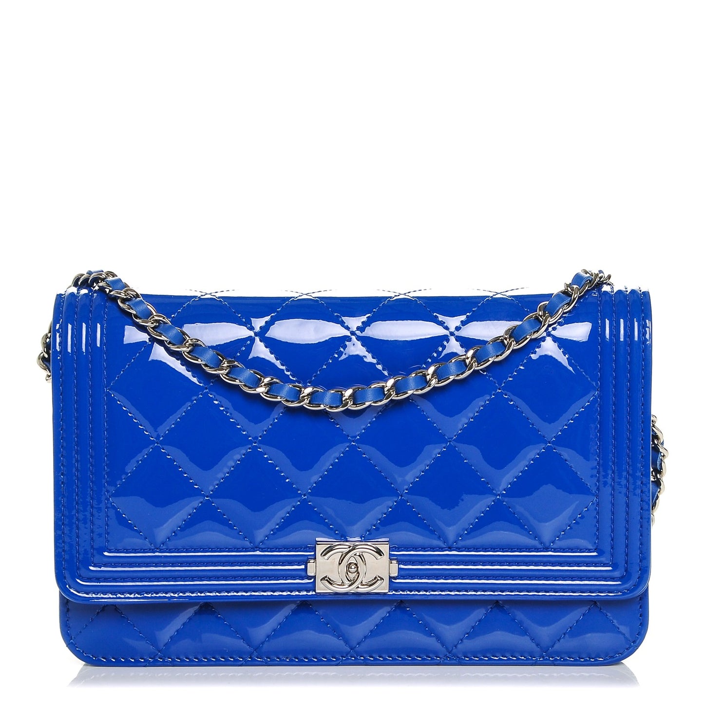 Patent Calfskin Quilted Boy Wallet On Chain WOC Dark Blue