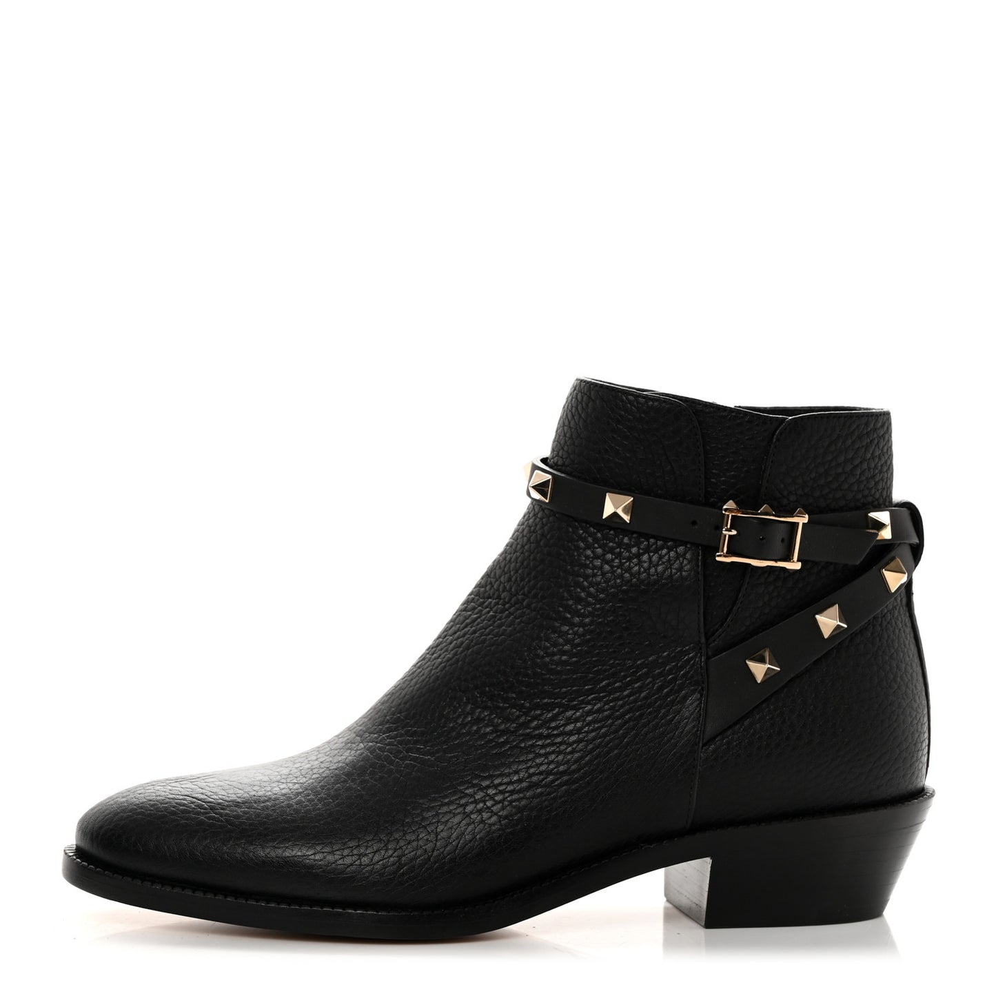 Grained Calfskin Rockstud Single Buckle 35mm Cowboy Ankle Boots 36.5 Black