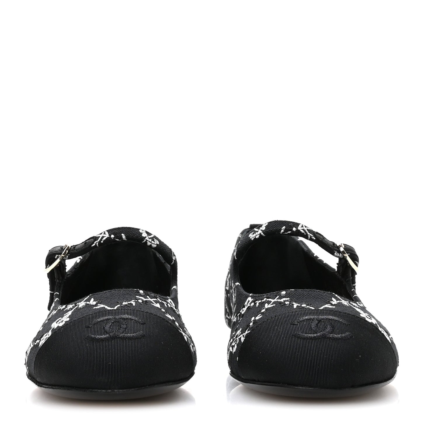 Grosgrain Floral Embroidered CC Cap Toe Ballerina Flats 37 Black White