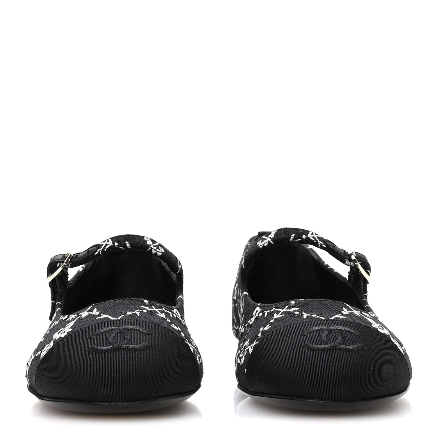 Chanel Grosgrain Floral Embroidered CC Cap Toe Ballerina Flats 37 Black White 3 of 9
