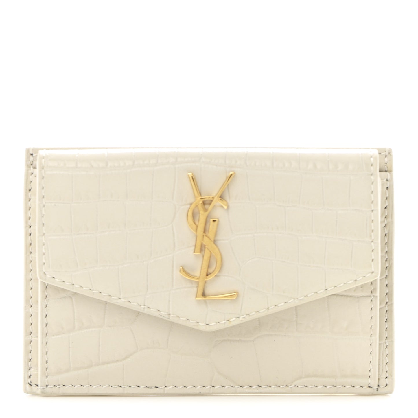 Calfskin Crocodile Embossed Uptown Monogram Card Case Crema Soft