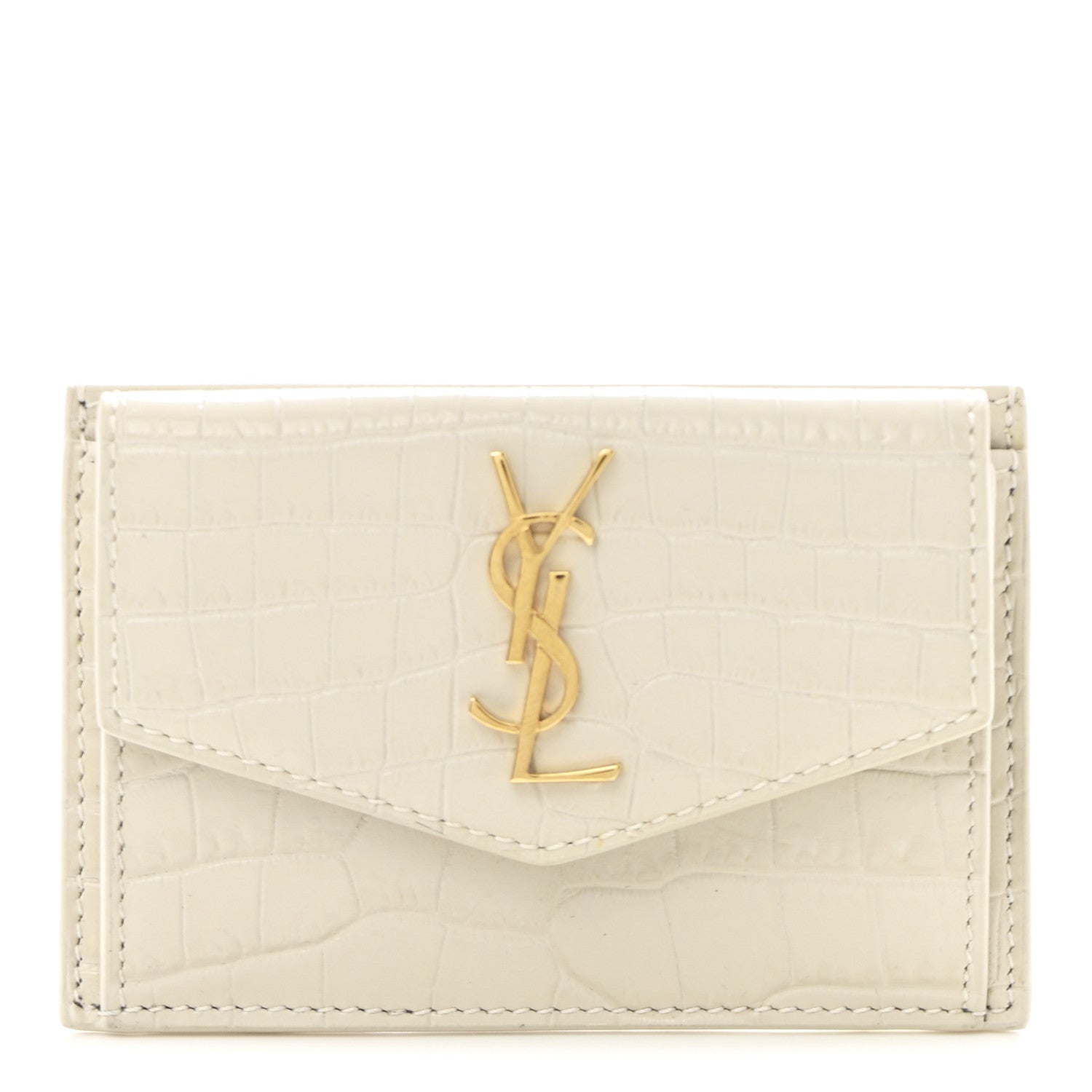 Saint Laurent Calfskin Crocodile Embossed Uptown Monogram Card Case Crema Soft 1 of 9