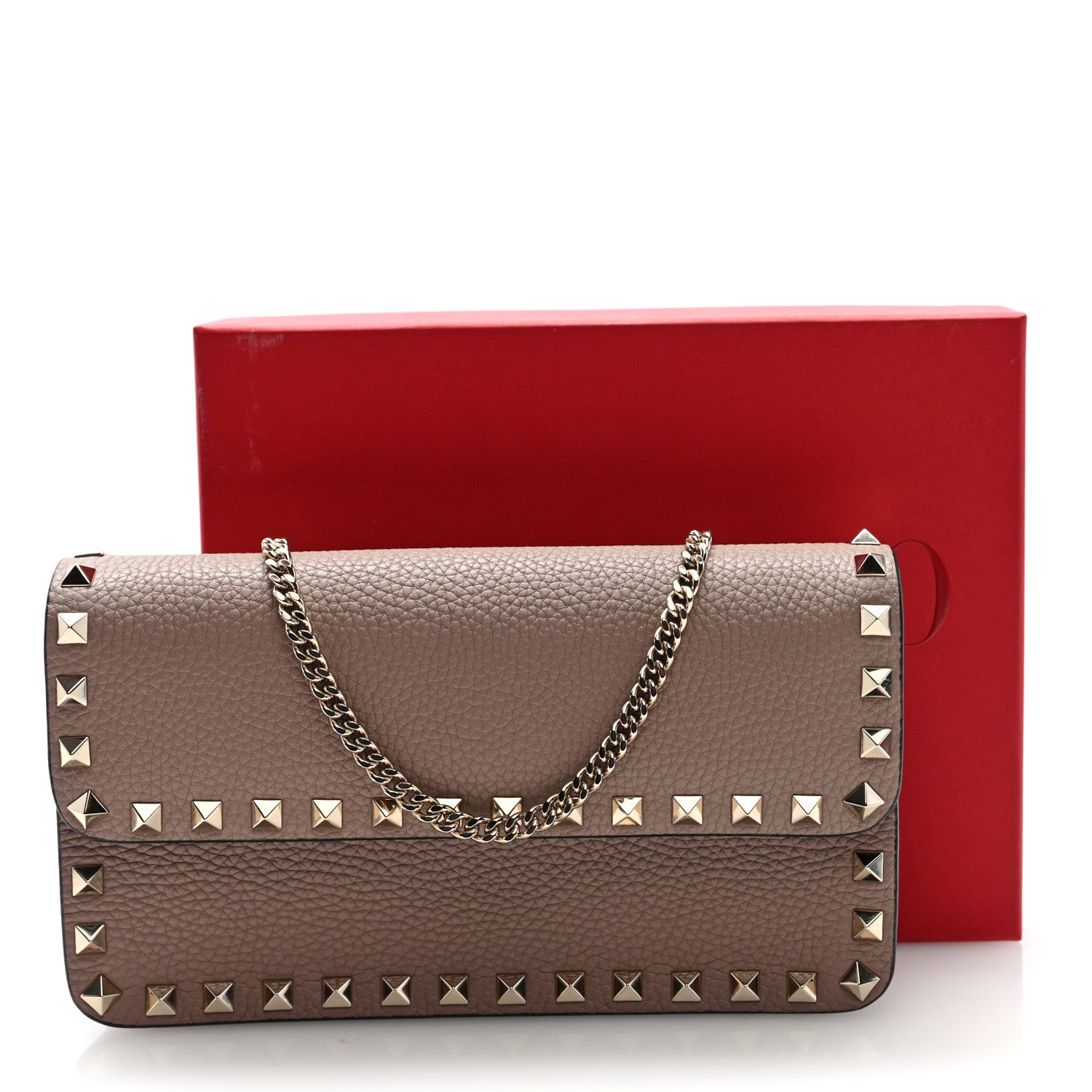 Valentino Garavani Pebbled Calfskin Rockstud Flap Wallet On Chain Poudre 10 of 10