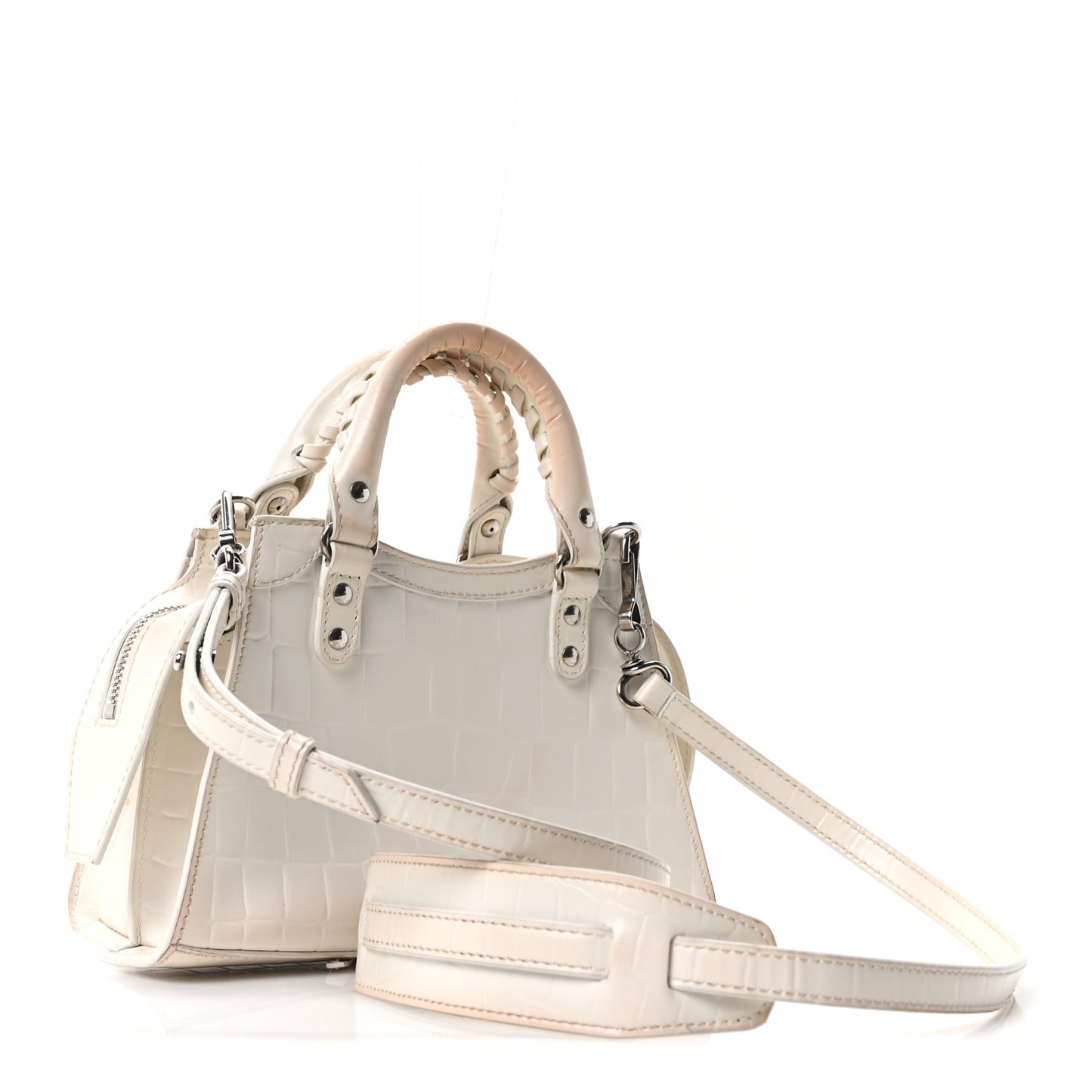 Semi Shiny Calfskin Crocodile Embossed Neo Classic Silver Hardware Nano City Crossbody White