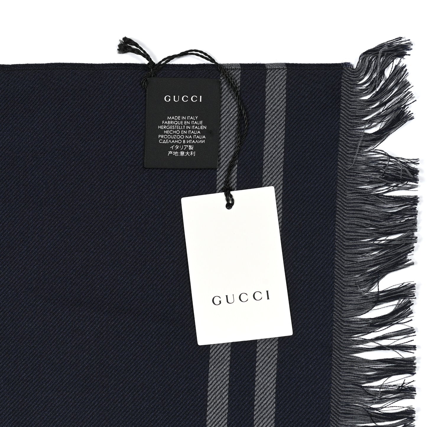 Wool Silk Monogram Fringe Scarf Navy Blue