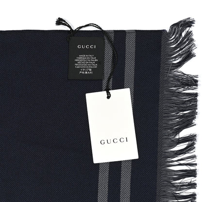 Gucci Wool Silk Monogram Fringe Scarf Navy Blue 4 of 5