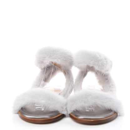 Valentino Garavani Mink Fur Ankle Wrap Flat Sandals 37.5 Grey 2 of 10