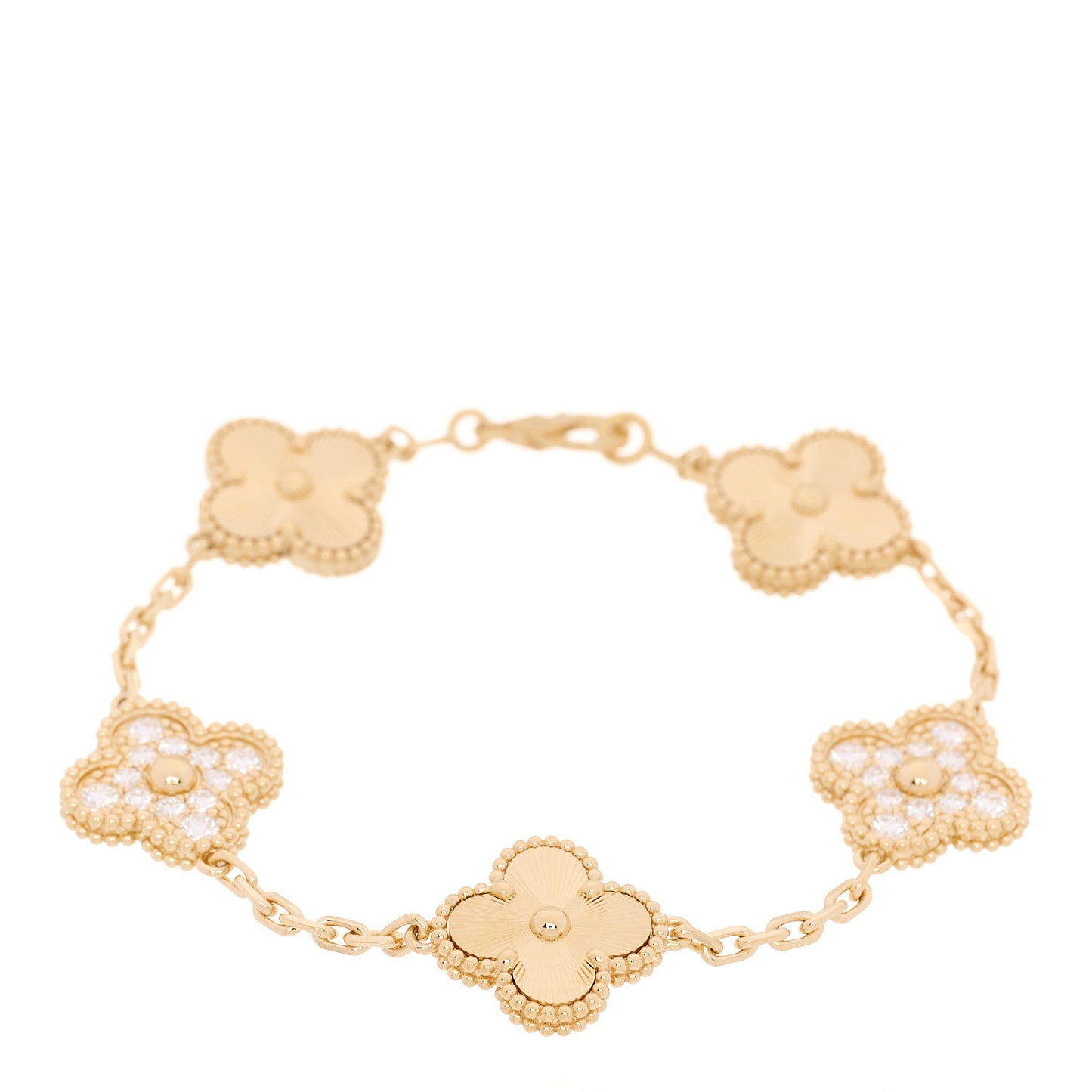 18K Yellow Gold Diamond 5 Motifs Guilloche Vintage Alhambra Bracelet