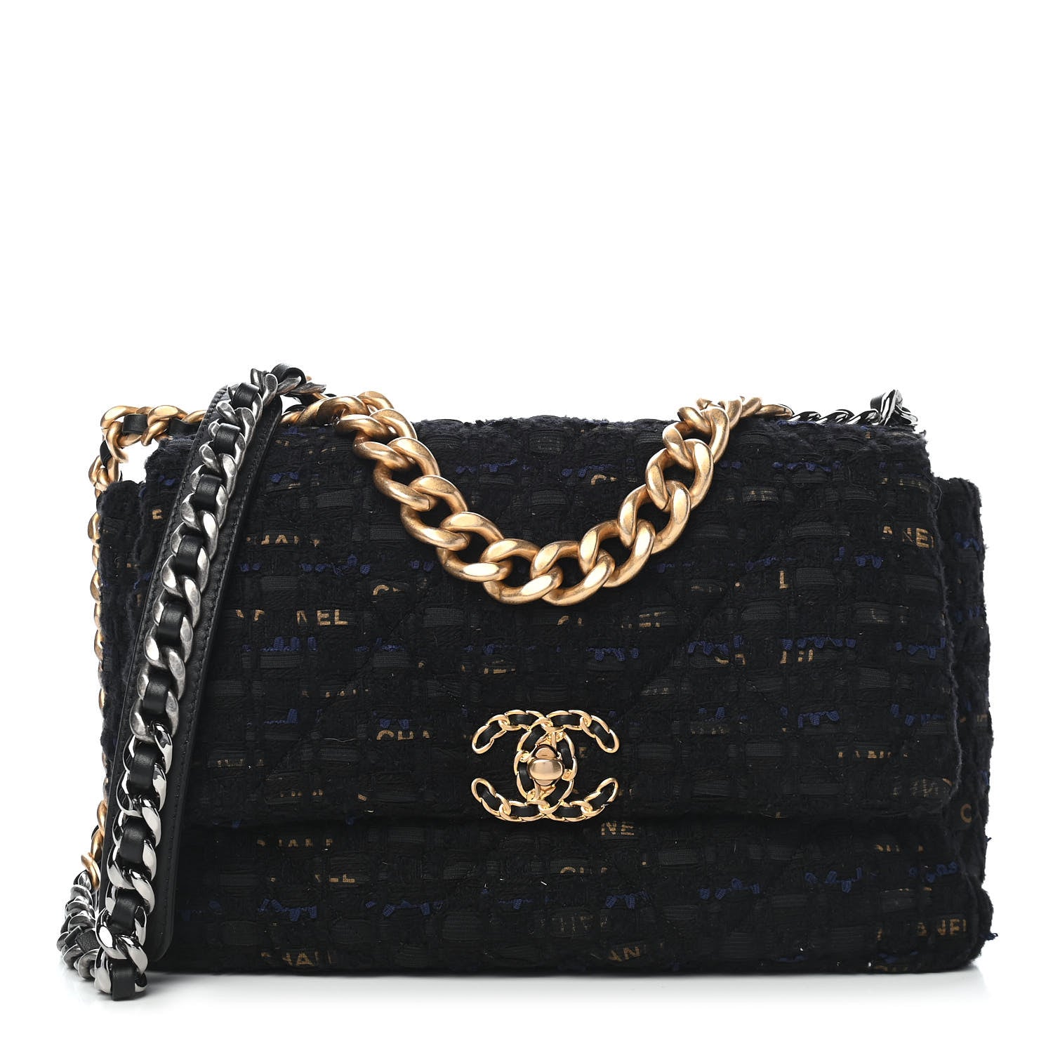 Chanel Tweed Quilted Large Chanel 19 Flap Black Navy Gold 1 of 9