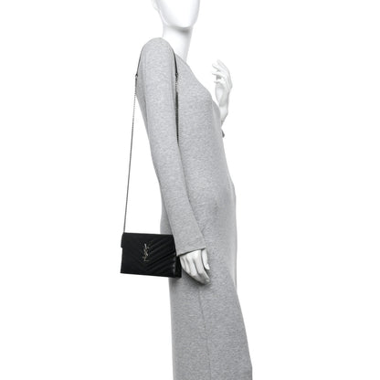 Saint Laurent Grain De Poudre Matelasse Chevron Monogram Envelope Chain Wallet Black 2 of 10
