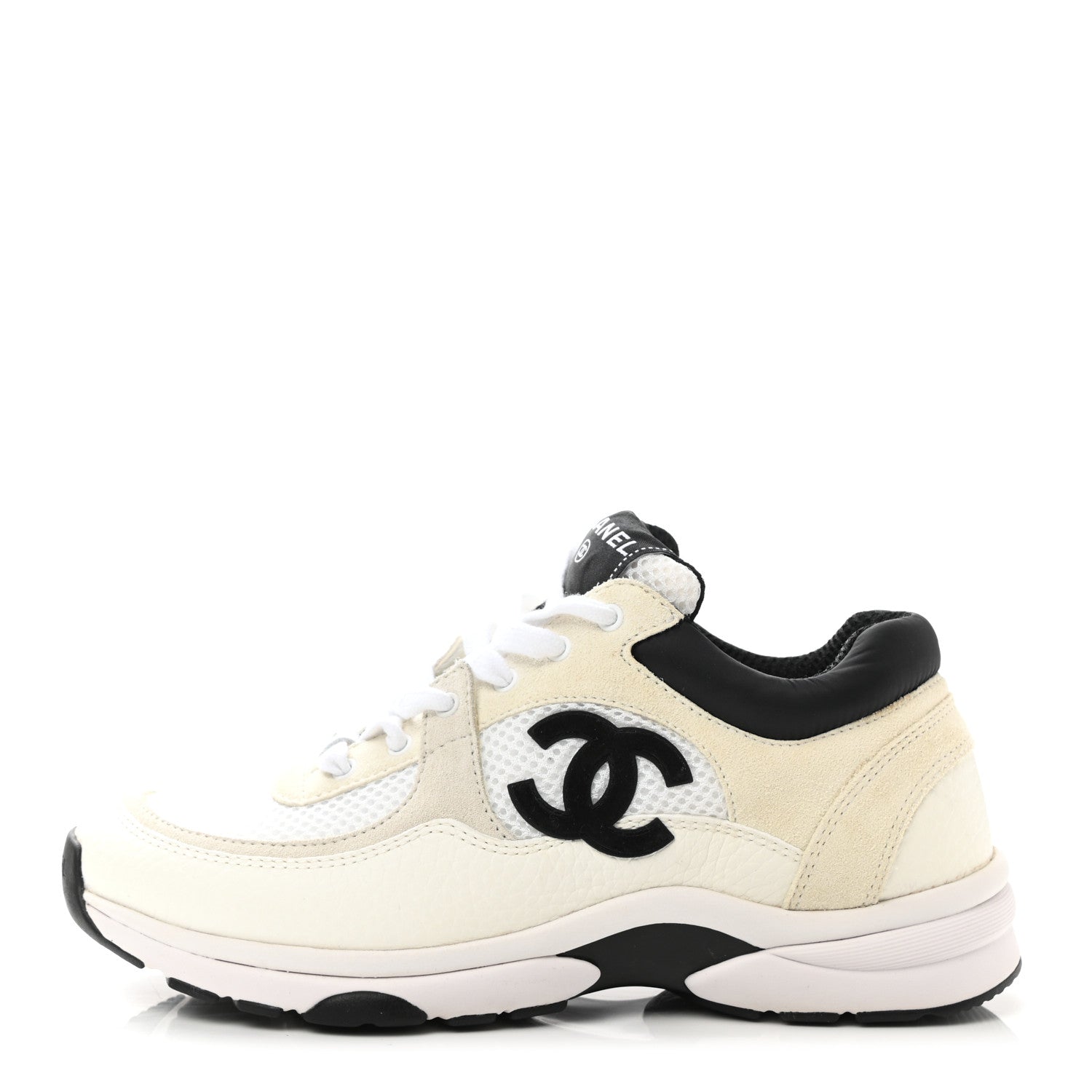 Chanel Mesh Suede Calfskin Grained Calfskin Womens CC Sneakers 37 White Black 1 of 9