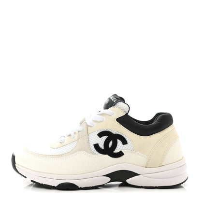 Chanel Mesh Suede Calfskin Grained Calfskin Womens CC Sneakers 37 White Black 1 of 9