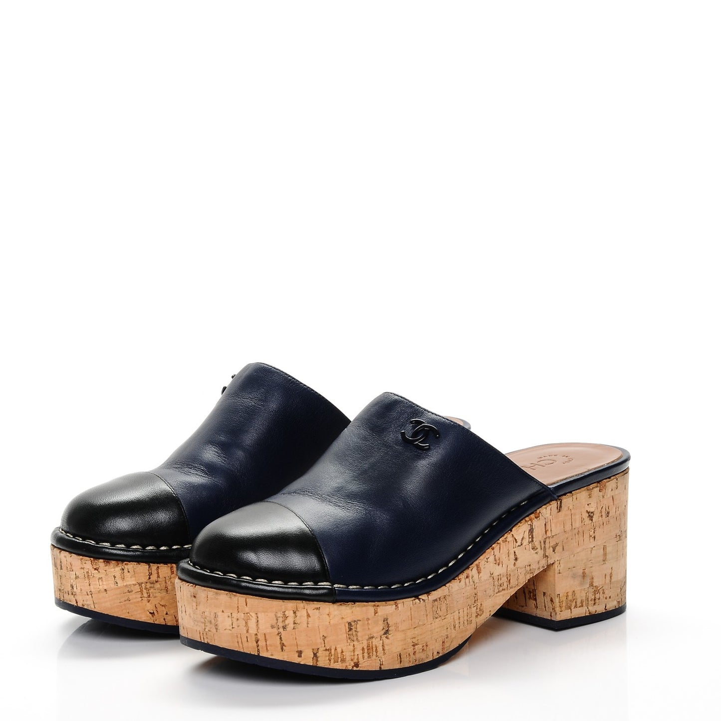 Glazed Calfskin Cork Cap Toe Platform Mules 37.5 Navy Black
