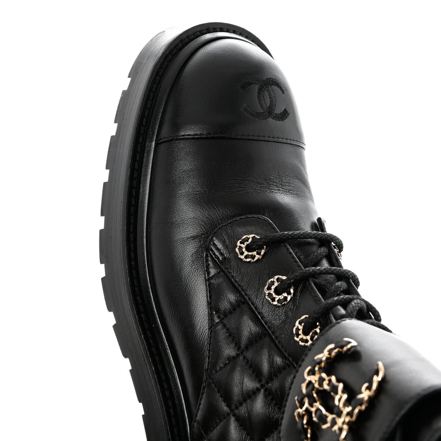 Shiny Calfskin Quilted Lace Up Combat Boots 41 Black