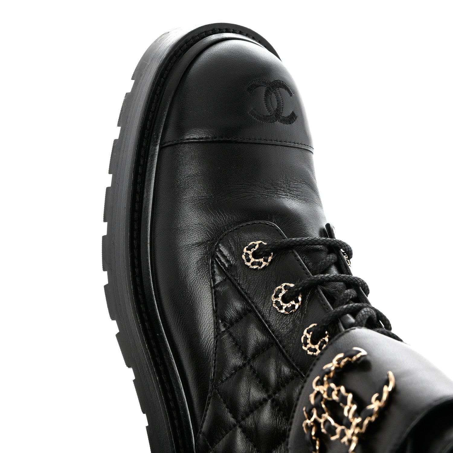Chanel Shiny Calfskin Quilted Lace Up Combat Boots 41 Black 9 of 9